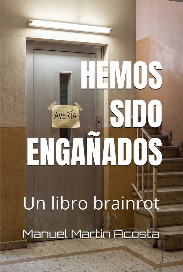 Portada de Hemos sido engañados: la puerta de un ascensor con un cartel de avería pegado con cinta
